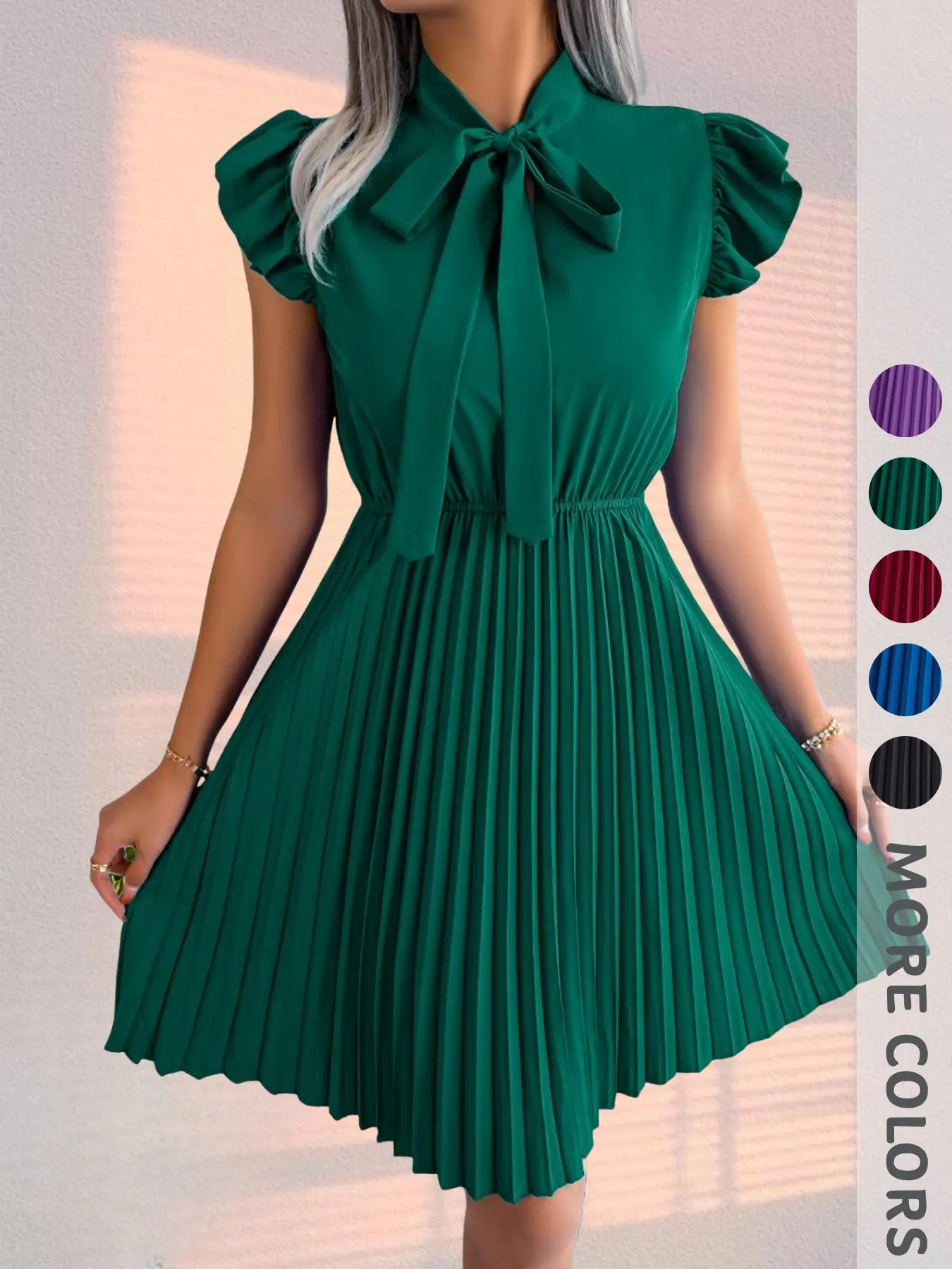 New Summer Women's Solid Color Pleated Dress, Ruffle Drawstring Waist, Bubble Sleeve, Bow Neck, Elegant Feminine Fashion, Knee-Length, Casual Wear & Formal