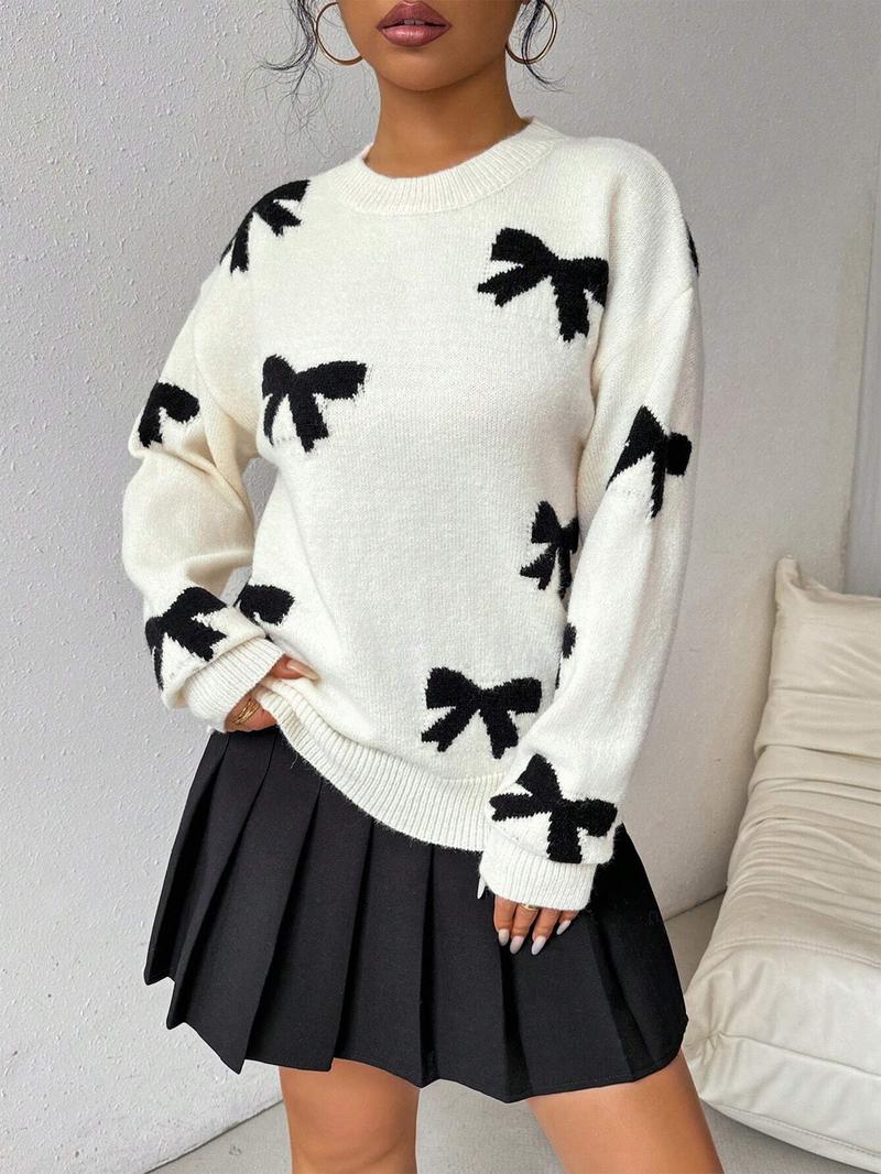 Fashion Bow Print Casual Loose Knitted Sweater Pullover Autumn/Winter Women Pullovers New O-Neck Full Sleeve Knit Sweater Fashion Bow Print Casual Loose Knitted Sweater Pullover Autumn/Winter Women Pullovers New O-Neck Full Sleeve Knit Sweater
