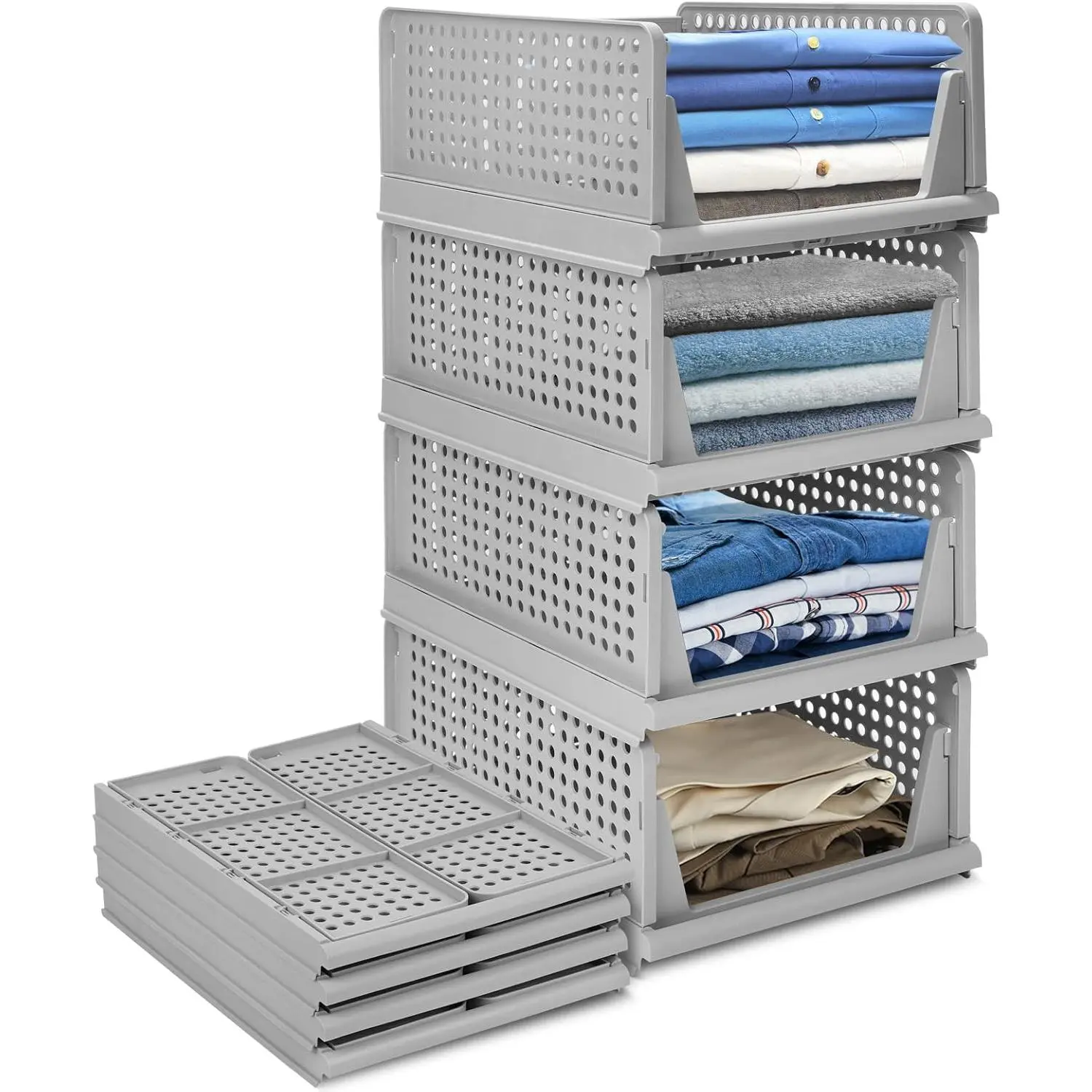 4-Pack Folding Wardrobe Storage Box Plastic Drawer Organizer Stackable Shelf Baskets Cloth Closet Container Bin Cube  Office Bedroom Laundry Pull Out Drawer Dividers for Clothes,Toys Organization