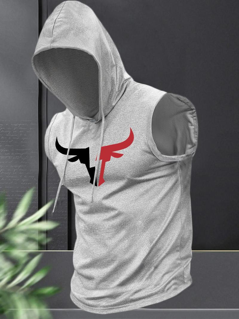 Men's Regular Fit Cartoon Bull Head Print Hooded Tank Top, Casual Fashion Sleeveless Top for Summer, Men's Clothes for Daily Wear, Sweatshirts