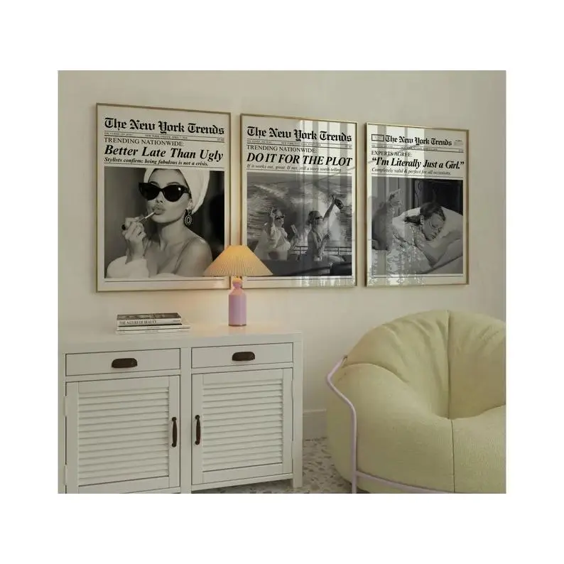 3-Piece Feminine Lifestyle Wall Art Set, Black and White Vintage Newspaper Collage Posters for Bedroom, Dressing Room, Dorm or Chic Modern Decor