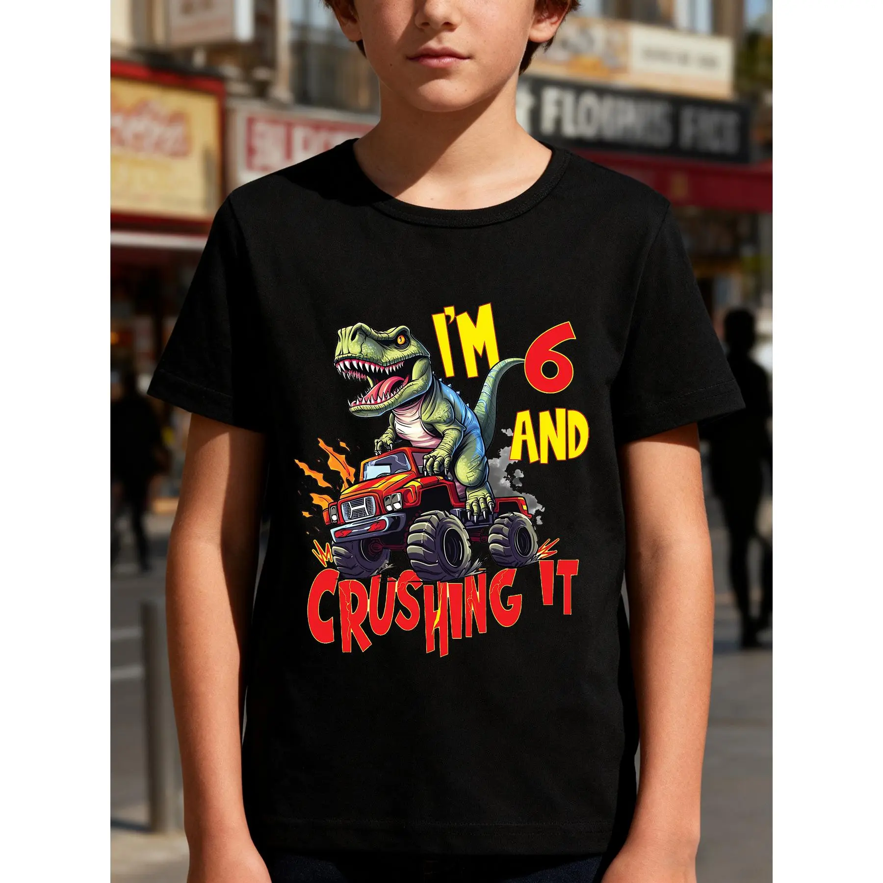 Boys Cool 6Th Birthday Dinosaur Monster Truck Print T-Shirt, "Crushing It" Funny Birthday Tee, Casual Short Sleeve Crew Neck Top for Kids, Birthday Party Wear(3Y-13Y)
