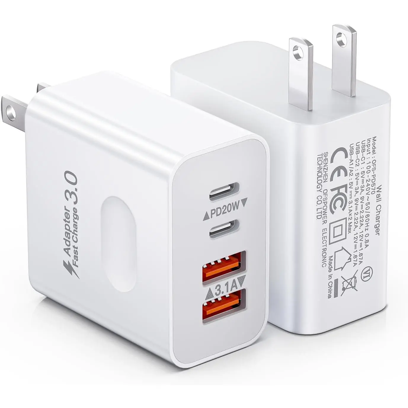 [2-Pack] USB C Wall Charger, 40W 4-Port   Block USB C Charger  USBC Power Adapter + QC Wall Plug Multiport Brick Type C Block for  17 16 15 14 13 12 11 Pro Max, iPad,
