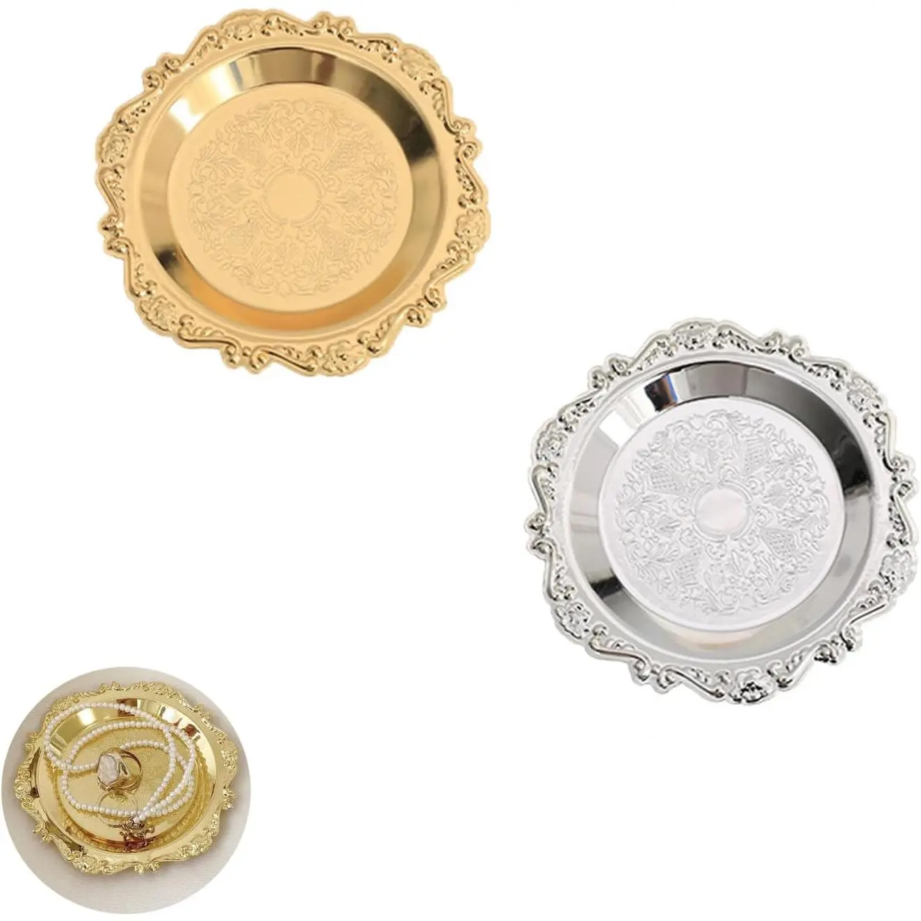 2 Pack  Dish Tray Mini 2'' Antique  Trinket Dish Ring Holder Bowl for Earrings Necklace Bracelet Watch Countertop Organizer Women Mother's Day Valentine Christamas Gifts