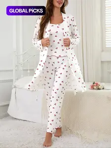 Cherry Print Women's Nightgown Set, Loungewear Robe, Cami and Pants, Comfortable Casual Home Wear, All-Season Fitted Sleepwear, Medium-Weight Fabric, Nightwear Sleepwear Homewear