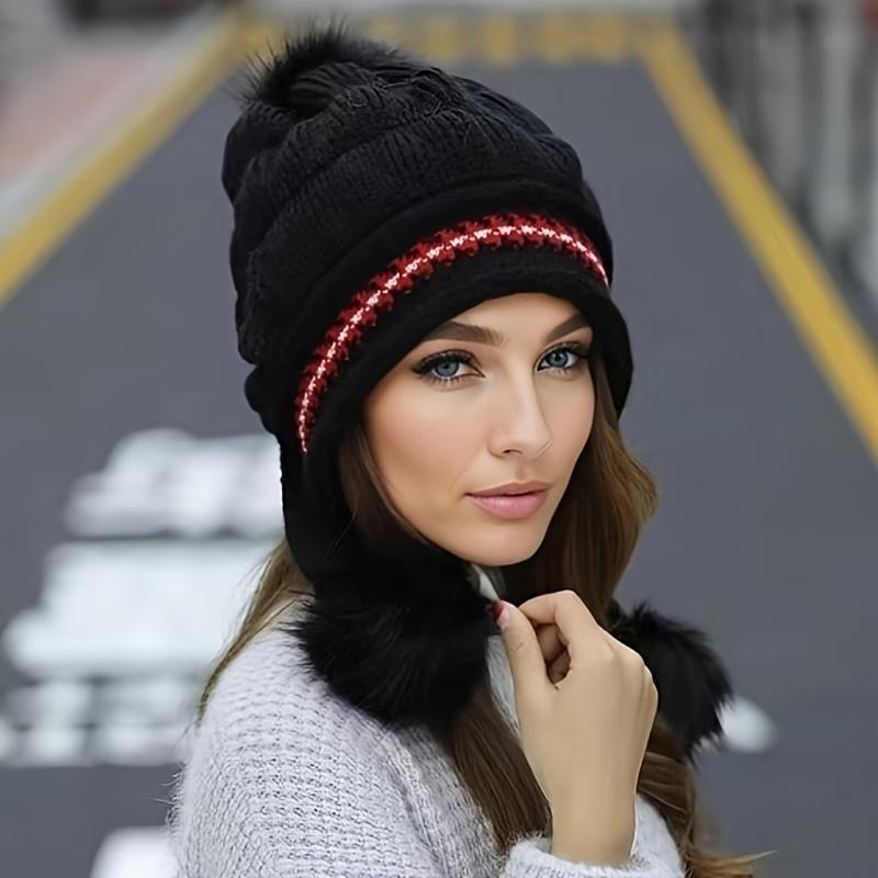 TikTokShopBlackFriday Fantasy Fleece Beanie with Earflaps, Stretchy Acrylic Winter Hat with Adjustable Fit and Built-In Storage Pocket, Soft Hand-Washable Headwear for Cold Weather, Outdoor Activities, and Casual Wear skull cap Knit Heart unisex design