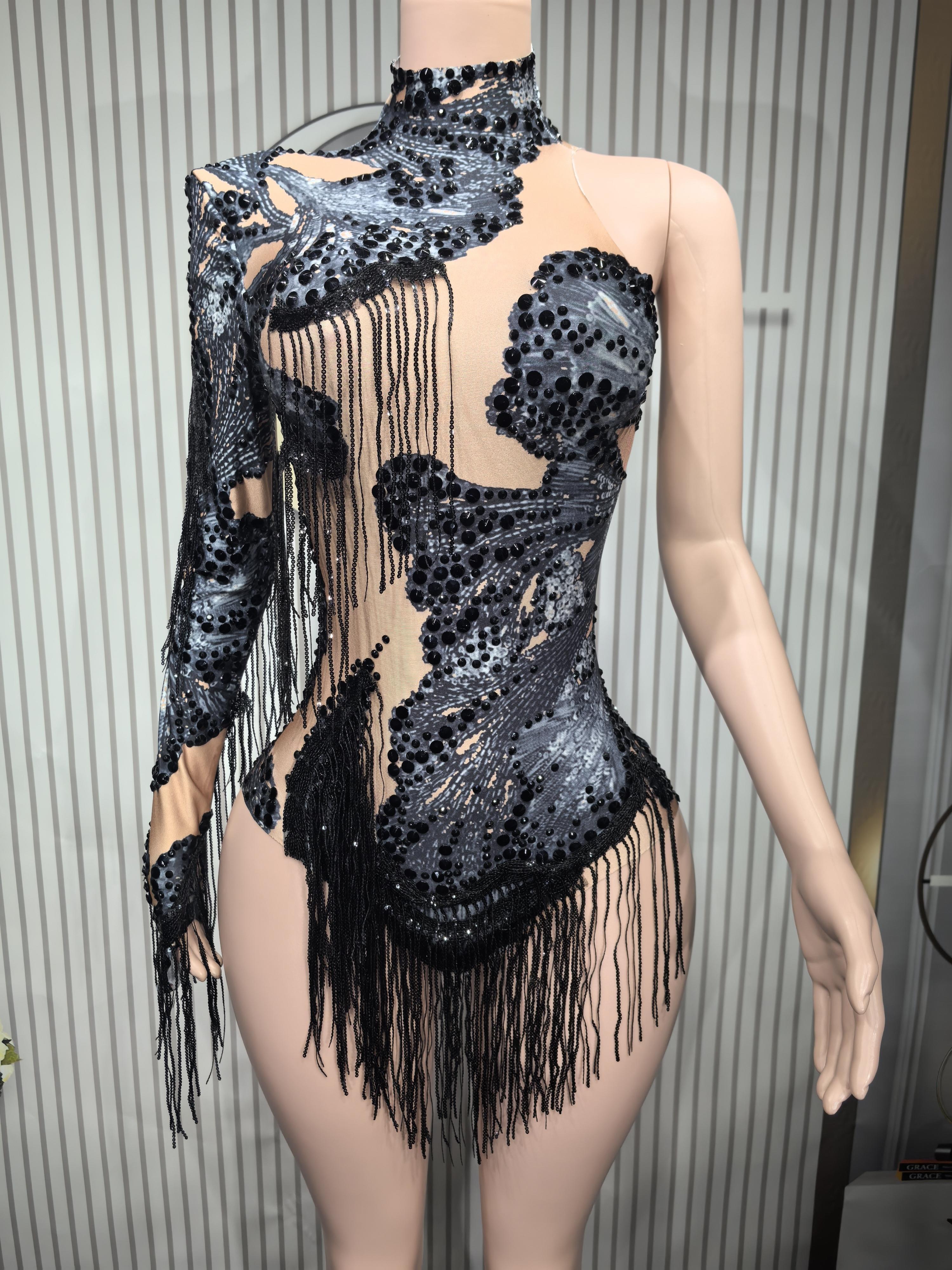 Gold Silver Sequins Tassel Elastic Bodysuit Sex)Pole Latin Dance Stage Wear Nightclub  DJSinger Dancer Performance Costume  Q025