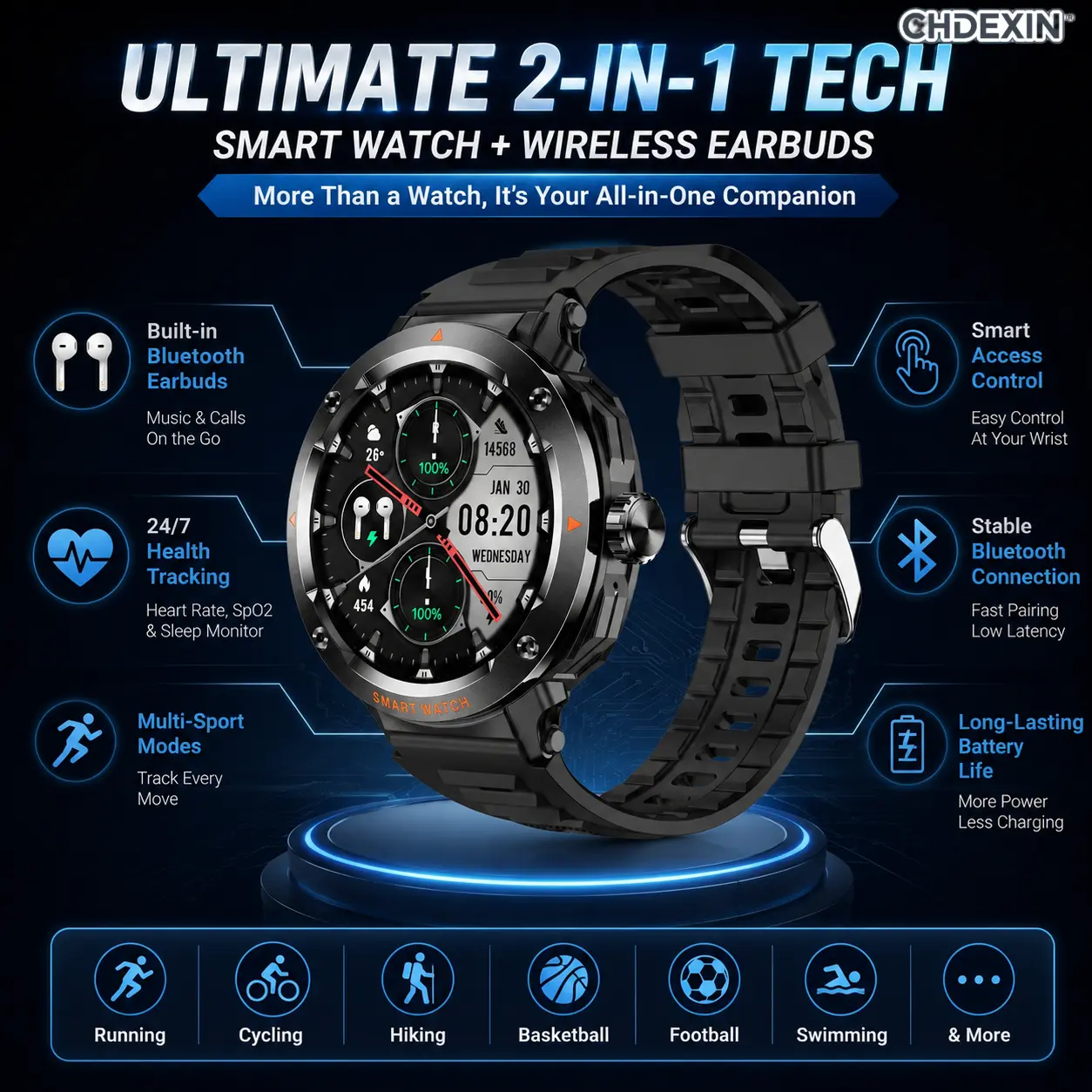 Men's Textured Rugged Health Fitness Smartwatch with Built-in Wireless Earbuds, 24/7 Health Track, Sleep Monitor, Custom Faces, Crown Button, Screen Light, Durable Breathable Strap, Workout-Cycling Support, App Control, Multi Sports Wearable