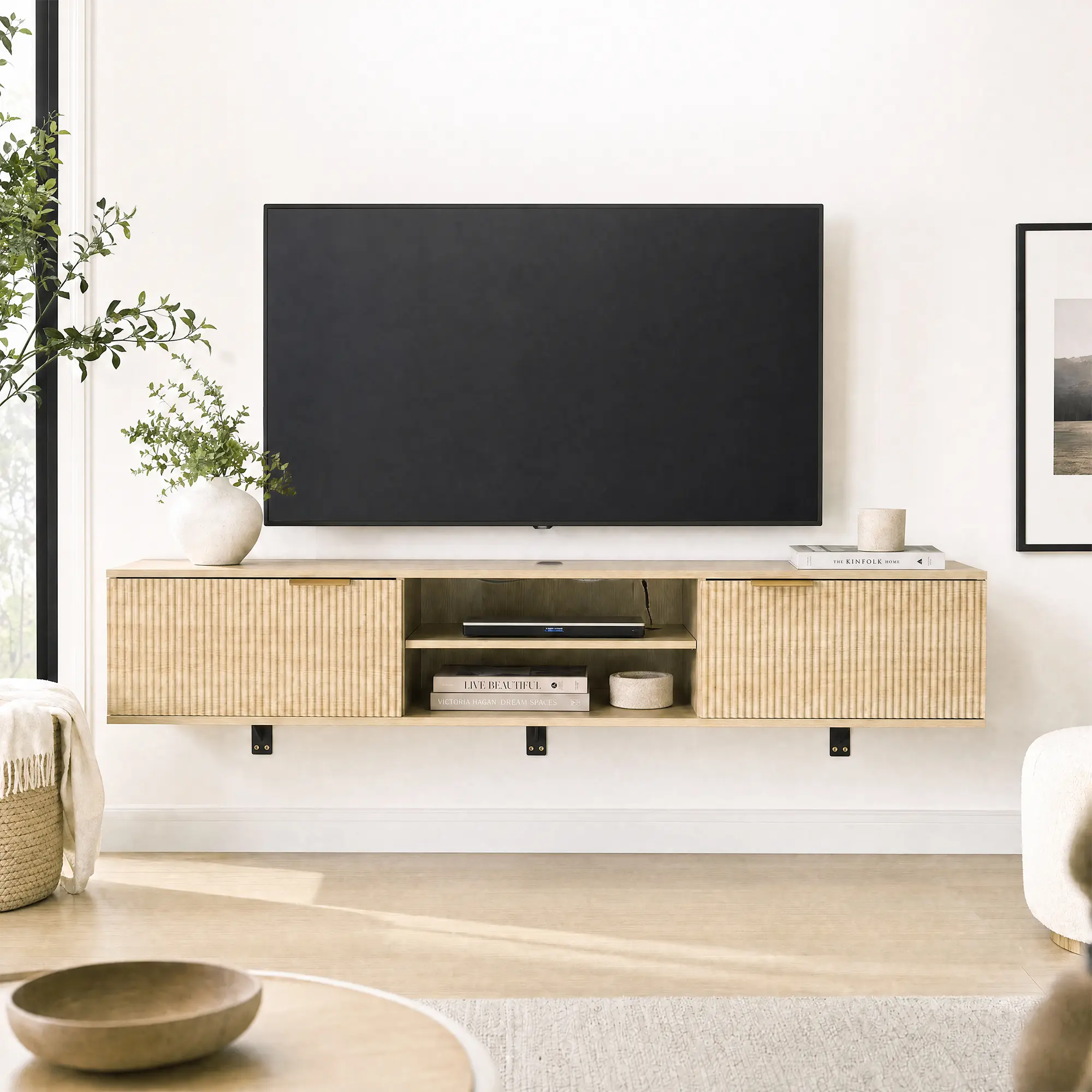 70" Floating TV Stand for TVs up to 80", Fluted Media Console with Storage, Wall-Mounted Entertainment Center for Living Room & Bedroom