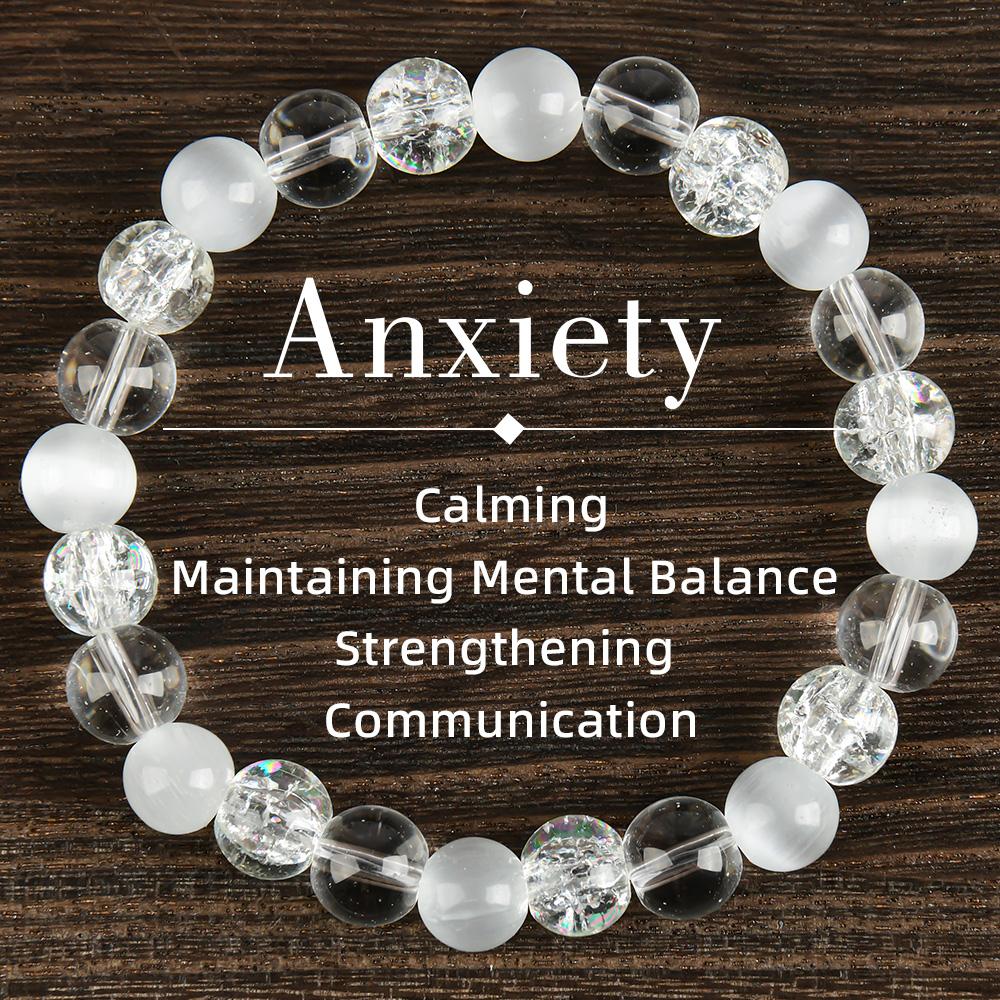 Anxiety Relief Crystal Bracelet for Women Men, Clear Quartz Moonstone Spiritual Jewelry for Calming Mind, Mental Balance & Communication, Boho Healing Reiki Gift
