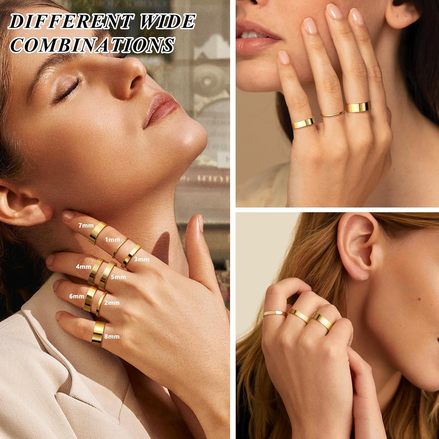 1-8mm 14K Gold Filled Rings Stacking Rings for Women Stackable Rings Thin Band Rings Plain Pinky Thumb Finger Rings Trendy Mid Statement Rings Comfort Knuckle Rings Set