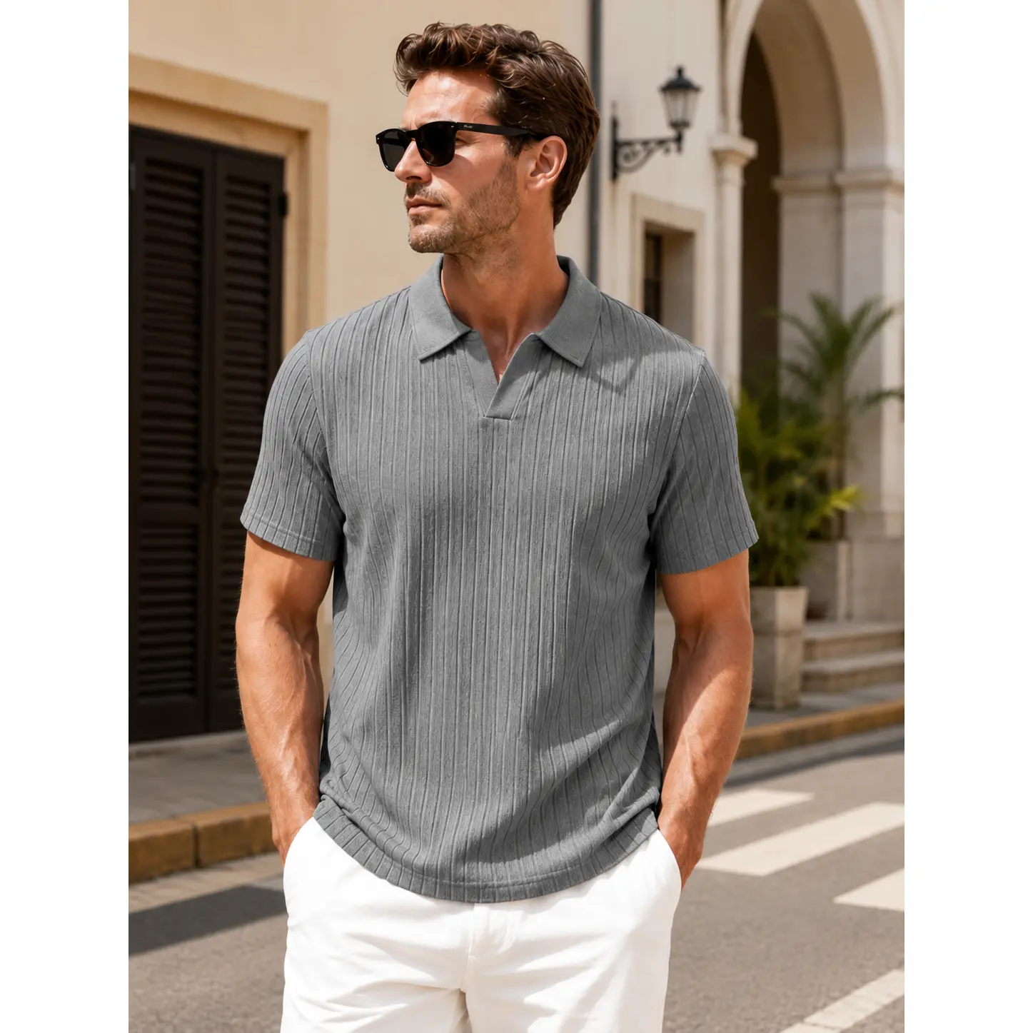 Men's Short-Sleeve T-Shirt for Summer, Casual Breathable Jacquard T-Shirt, Men's Striped Polo Shirt