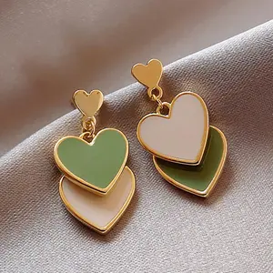 New Style White Green Heart Drop Earrings For Women Heart Pearl Asymmetrical Earring Girl Party Jewelry