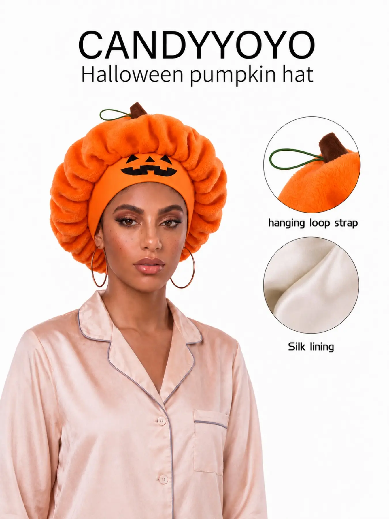 Orange Pumpkin Sleep Bonnet, Halloween Jack-O’-Lantern Satin-Lined Hair Bonnet with Adjustable Elastic Strap, Soft Plush Oversized Night Cap for Curly, Wavy, Braided, Locs, Thick & Long Hair, Cozy Hair Wrap and Halloween Costume Accessory