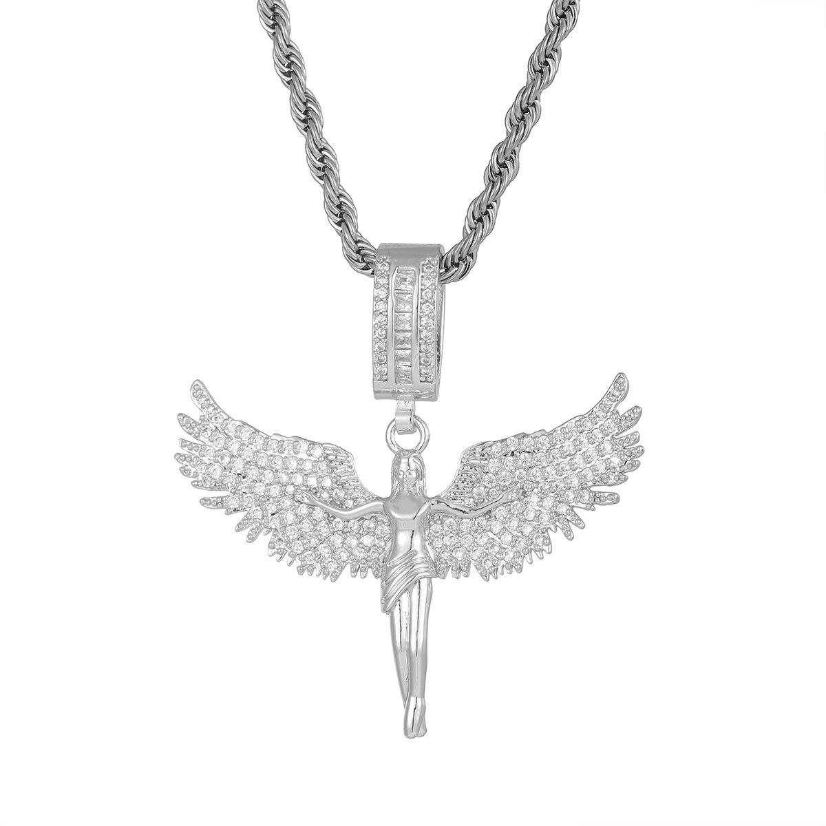 Full of Diamonds Angel Muse Spreads Wings Three-dimensional Feathers Fallen Angel Pendant | Hip Hop Trend Sweater Chain for Men and Women | Dainty Gold Initial Letter Necklace | Stylish Daily Wear Jewelry & Perfect Gift for Him