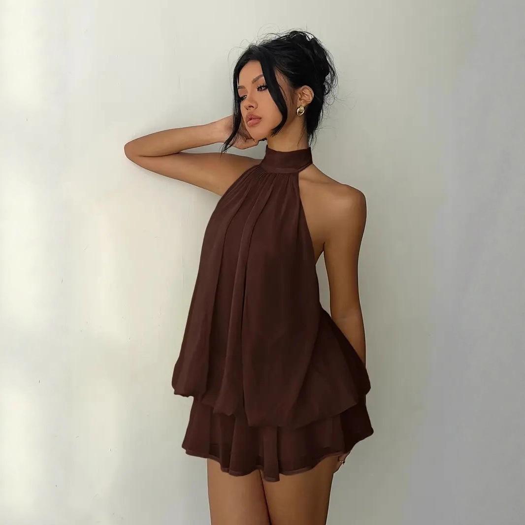 Holiday slim fit fashionable and sexy backless neck strap waist versatile solid color dress