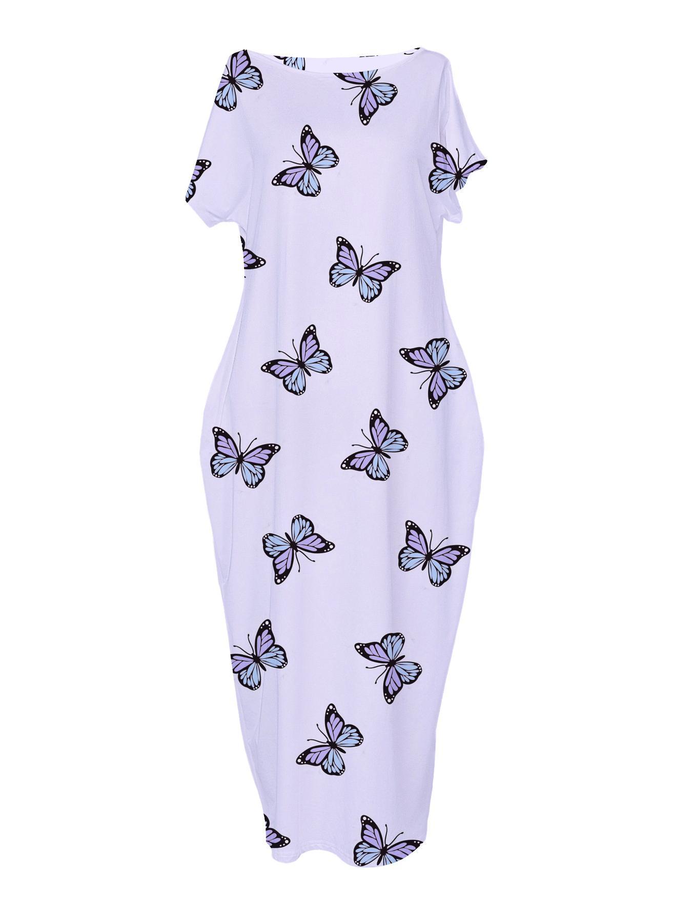 Women's Butterfly/Star Print Pocket Round Neck Nightdress, Casual Soft Comfortable Short Sleeve Nightgown for All Seasons, Lady's Sleepwear for Indoor Wear, Sleepwear Dresses