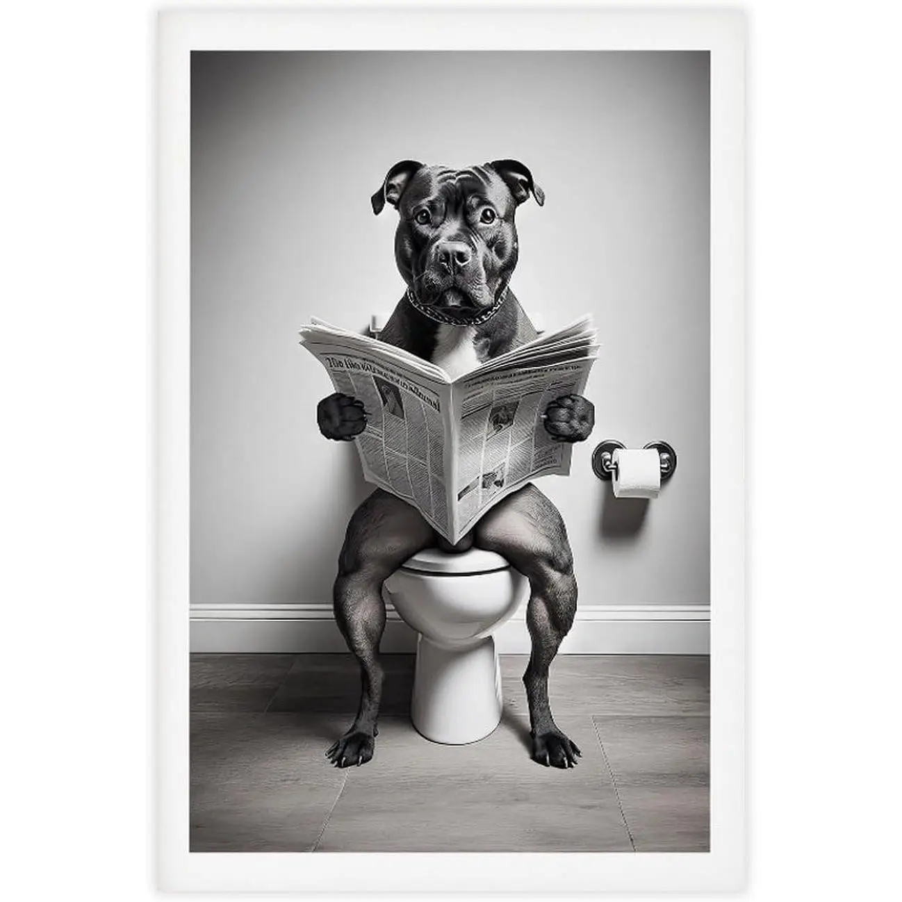 Black Staffordshire Bull Terrier Sitting on The Toilet Reading Newspaper Funny B Canvas Poster Wall Art Prints Room Aesthetic Murals Bedroom And Living Decorations