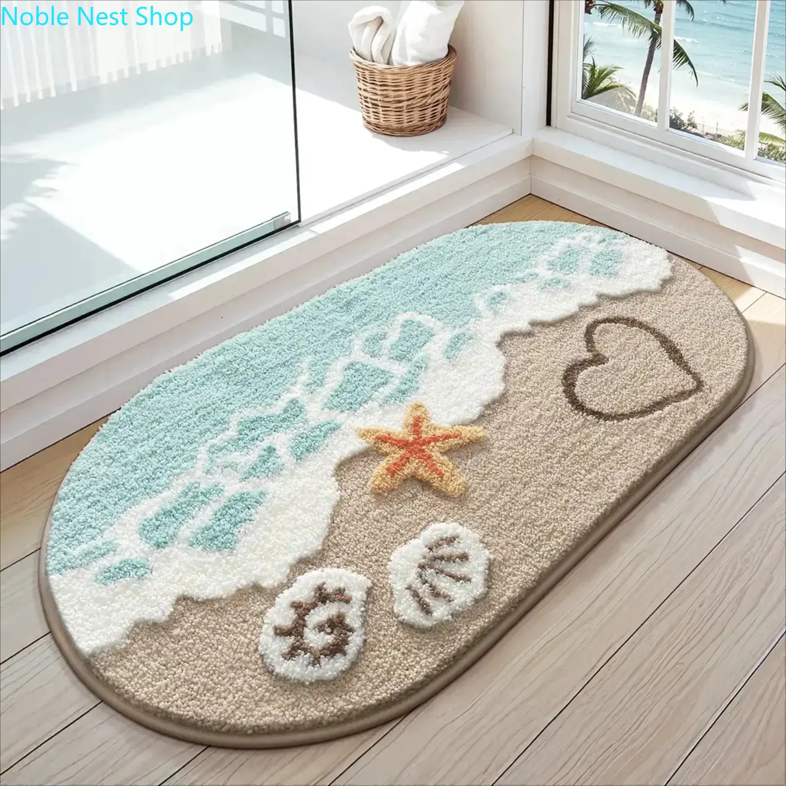 Soft Absorbent Beach Bathroom Rug Non-Slip Starfish Shell Design Mat, Quick Dry Decorative Floor Rug for Bathroom Kitchen Entryway
