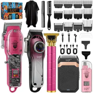 LQT 5-in-1 Pink Transparent Hair Clippers Set, Cordless Barber Kit with Clear Main Clipper, T-Trimmer, Foil Shaver & Nose Trimmer, LED Display Complete Hair Cutting Tools with Guide Combs & Barber Cape for Home Salon DIY Haircuts