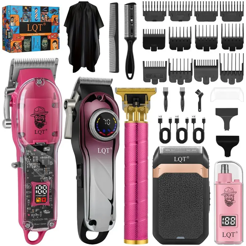 LQT 5-in-1 Pink Hair Clippers Set, Barber Grooming Kit, Cordless Rechargeable Barber Kit with Clear Main Clipper, T-Trimmer, Foil Shaver & Nose Trimmer, LED Display Haircutting Kit with Guide Combs & Barber Cape for Home Salon DIY Haircuts