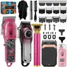 LQT 5-in-1 Pink Hair Clippers Set, Barber Grooming Kit, Cordless Rechargeable Barber Kit with Clear Main Clipper, T-Trimmer, Foil Shaver & Nose Trimmer, LED Display Haircutting Kit with Guide Combs & Barber Cape for Home Salon DIY Haircuts