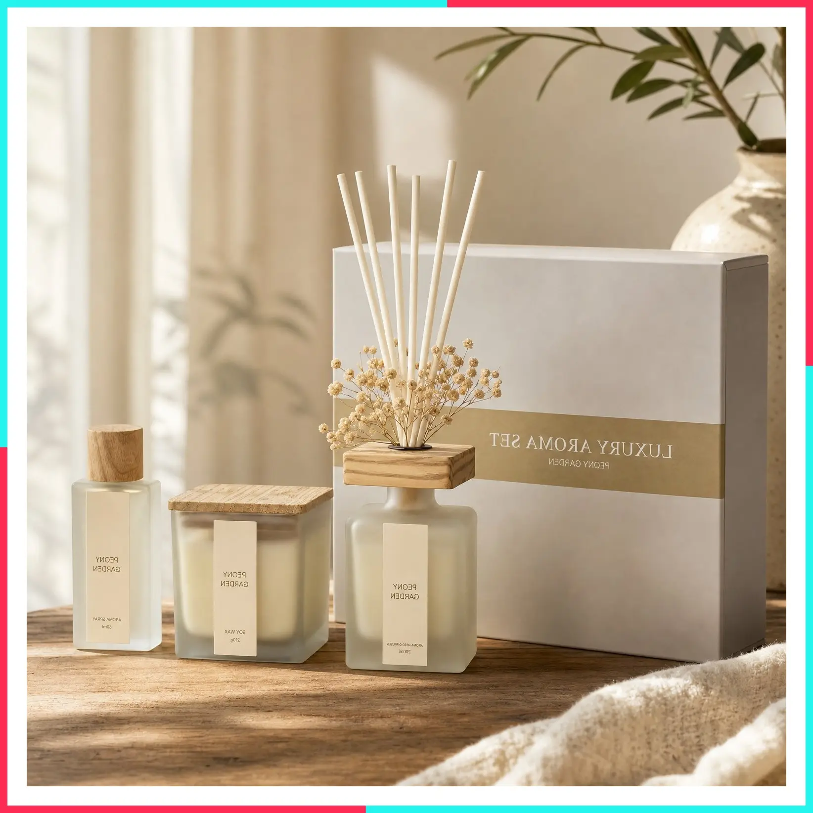 Luxury Peony Garden Scent Gift Set - Reed Diffuser 200ml, Wood Wick Soy Candle 200g, Room Spray 50ml with Dried Flowers & 8 Reeds, Elegant Home Décor Fragrance, Ideal Gift