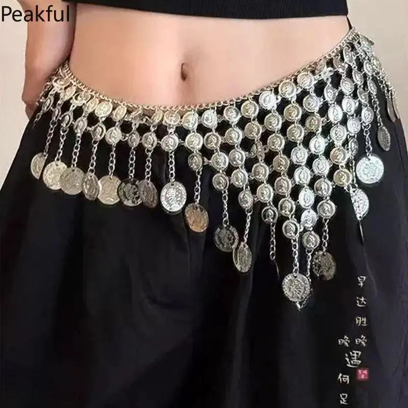 Boho Gypsy Silver Coin Tassel Belly Dance Waist Chain, Adjustable Tribal Hip Belt for Festivals Dance Practice Costume Parties