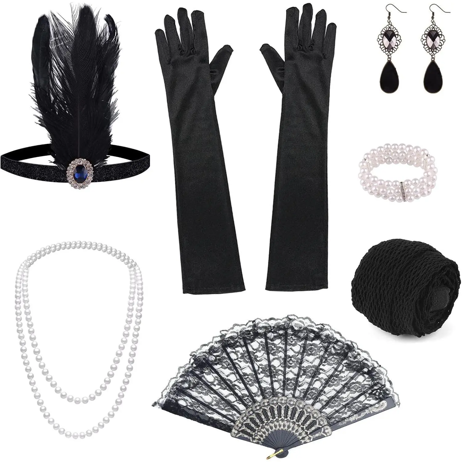 10 count 1920s Flapper   Accessories Set Fashion Roaring 20's Theme Set with Headband Headpiece Long Black Gloves Necklace Earrings for Women