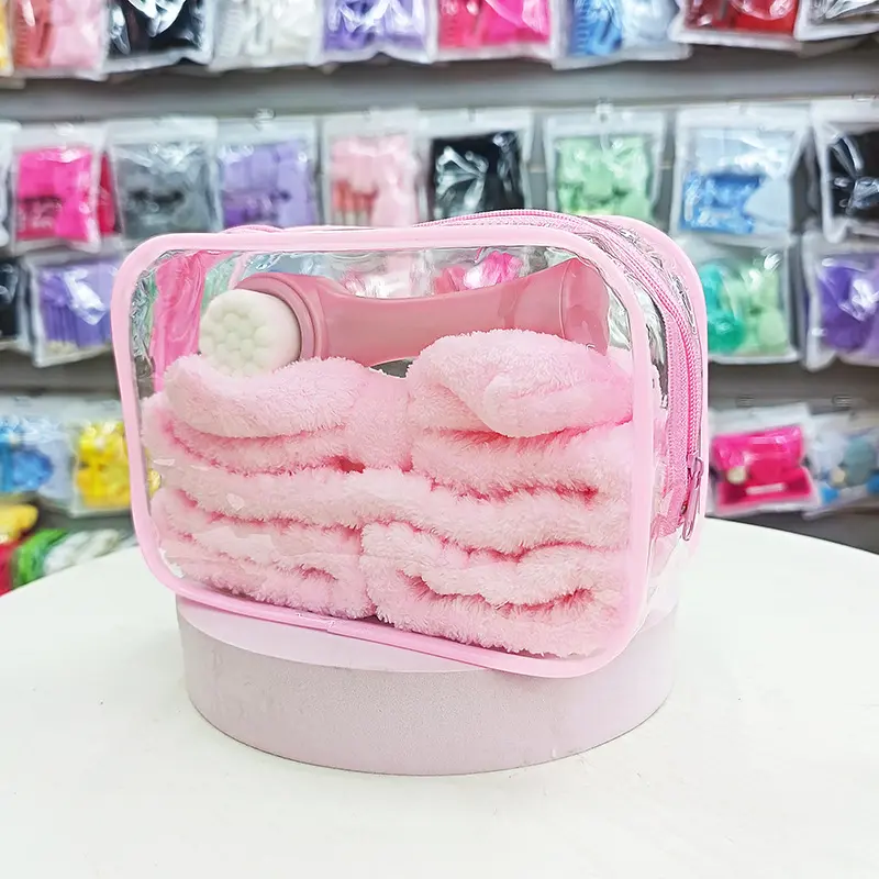 4-Pc Spa Daily Care Kit, Bow Shape Coral Fleece Hair Accessory Set - Fluffy Headband, Wrist Wash Bands, Facial Cleansing Brush, Solid Colors (Pink, Sky Blue, Green, Rose Red, Purple, White, Yellow)