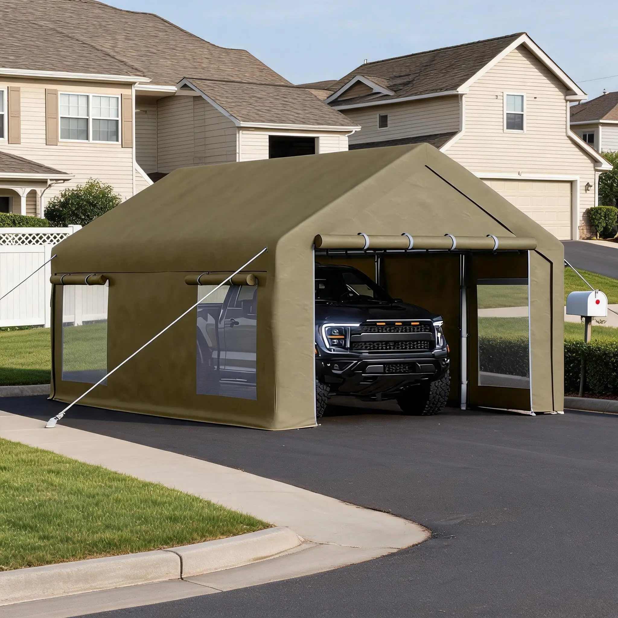 Garvee 12x20 ft Portable Garage, Car Port with 200 g PE Tarp Canopy, with 2 Roll-Up Doors and 4 Windows, for Temporary Paint Booth, Boats&Pickups Shed, and Event Shelter, Khaki