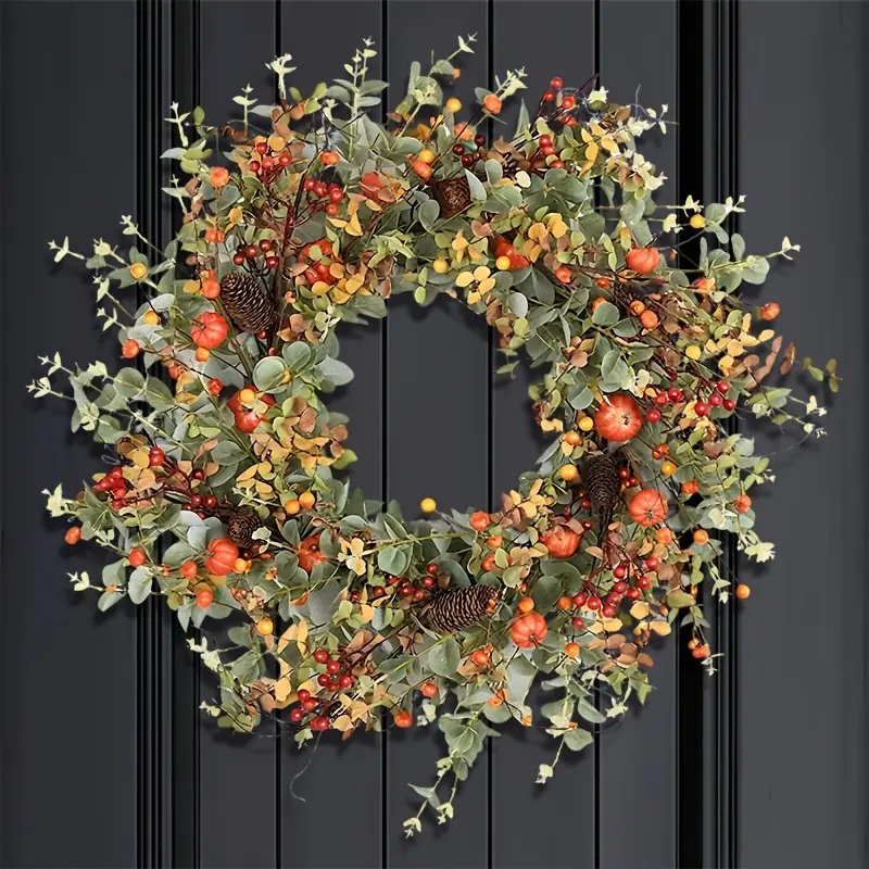24-Inch Autumn Harvest Wreath with Faux Pumpkins & Berries - Seasonal Indoor/Outdoor Door Decoration for Halloween, Thanksgiving, Christmas, And All Occasions, Festive Door Accent|Seasonal Wreath|Natural Look Wreath, Halloween Decorations