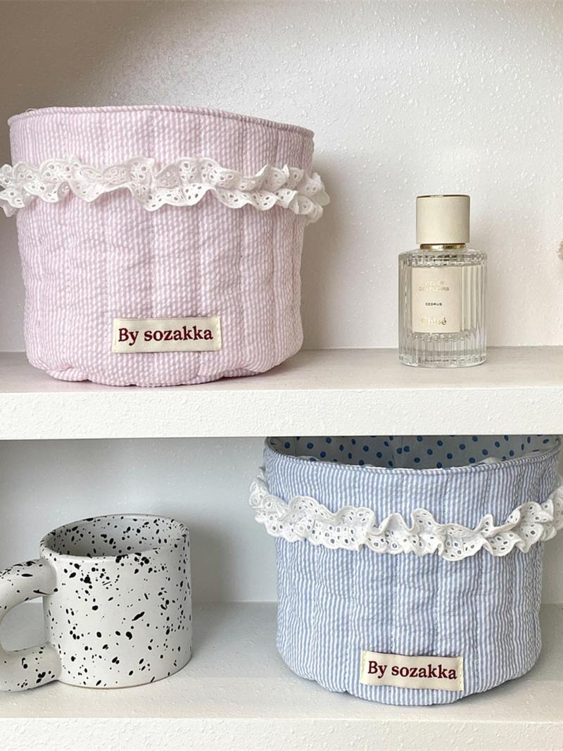 Cute Quilted Makeup Storage Basket, Scalloped Baskets Multifunctional Large Capacity Storage Basket, Desktop Storage Organizer for Home Office