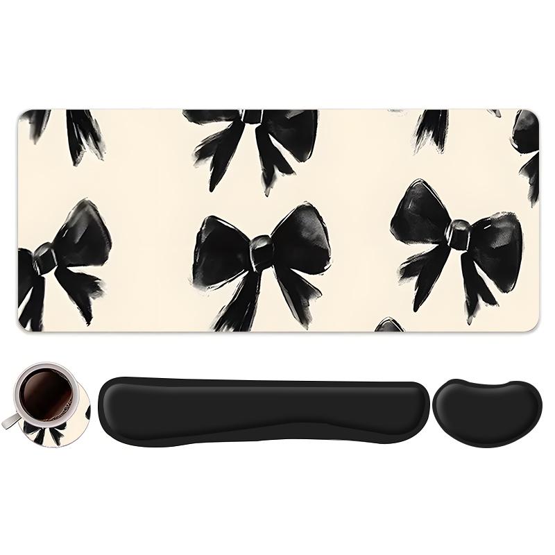 Bow Pattern Non Slip Mousepad & Keyboard Wrist Rest & Coaster Set, Ergonomic Wrist Support, Computer Mat Mouse Pad Coaster Set for Home Office Gaming
