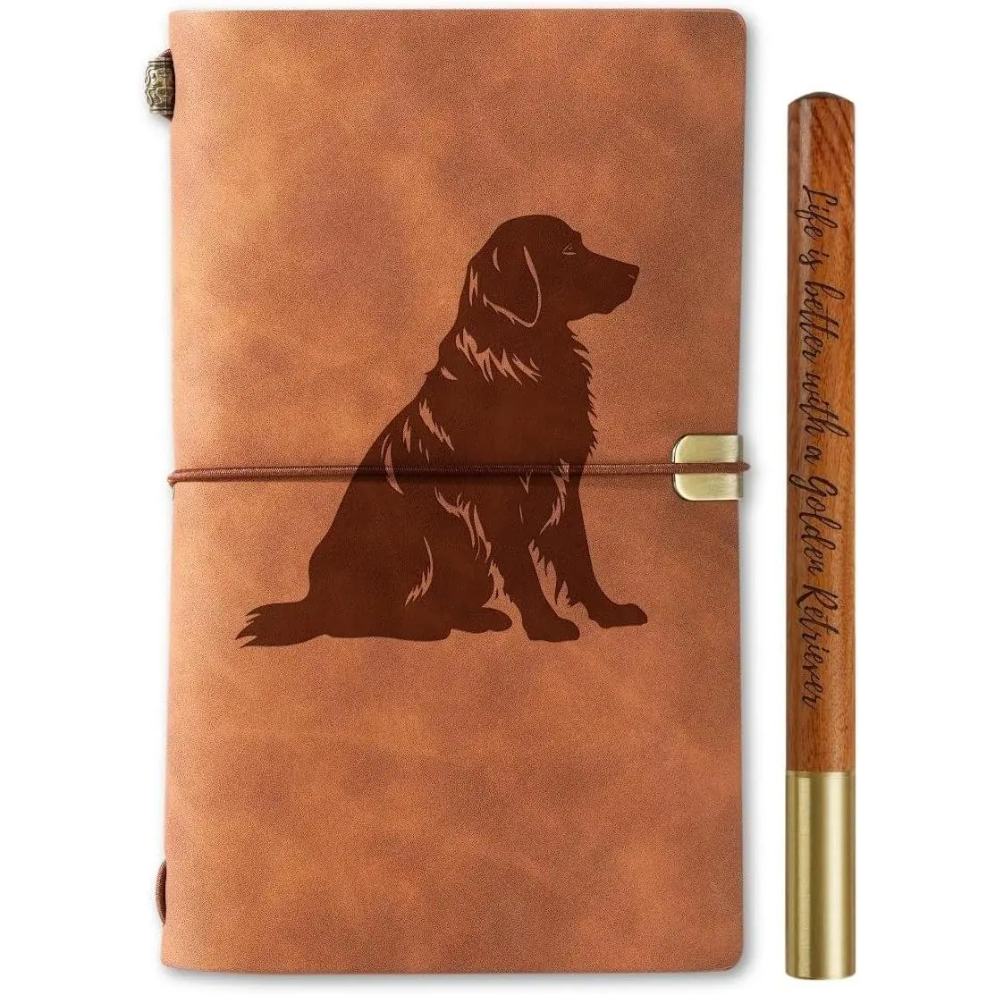 Golden Retriever Gifts for Women, Golden Retriever Gifts with Journal and Pen Vegan Leather Refillable Notebook, Sketchbook, Travel Diary, 7.8x5 Inches