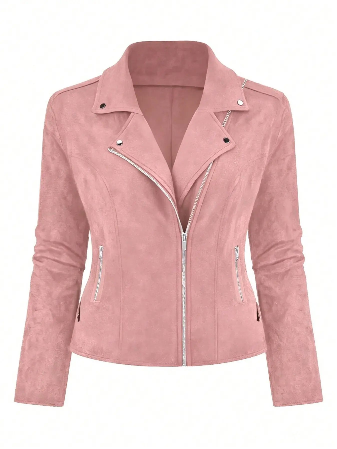 Plus Size Women's Faux Suede Moto Jacket, Long Sleeve Zip Up Slim Fit Biker Coat, Casual Streetwear Outerwear for Fall Daily Wear