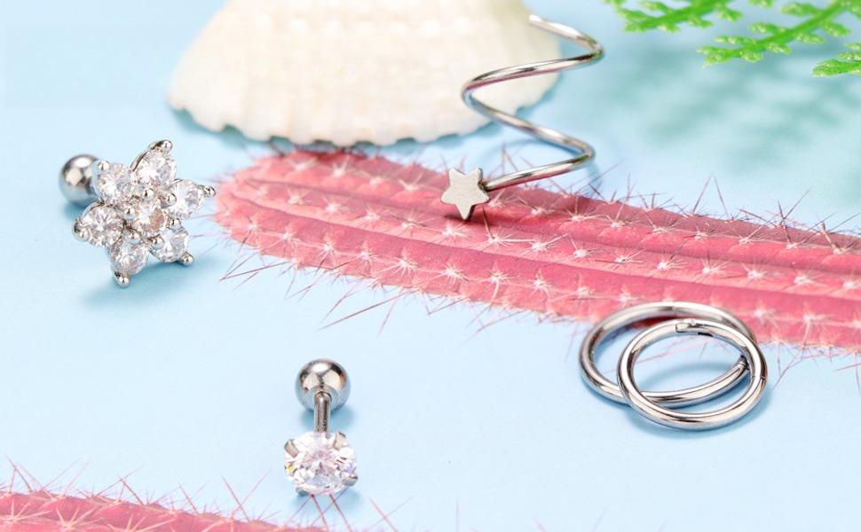 11Pcs 16G/18G Surgical Steel Cartilage Earring Set | Helix, Tragus, Conch Piercing Jewelry | CZ Studs & Hinged Hoops | Hypoallergenic Silver Piercing Kit