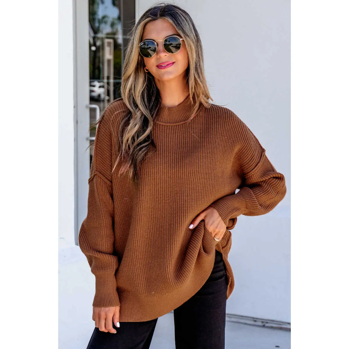 Chestnut Long Sleeve Ribbed Knit Stand Neck Regular Fit Sweater