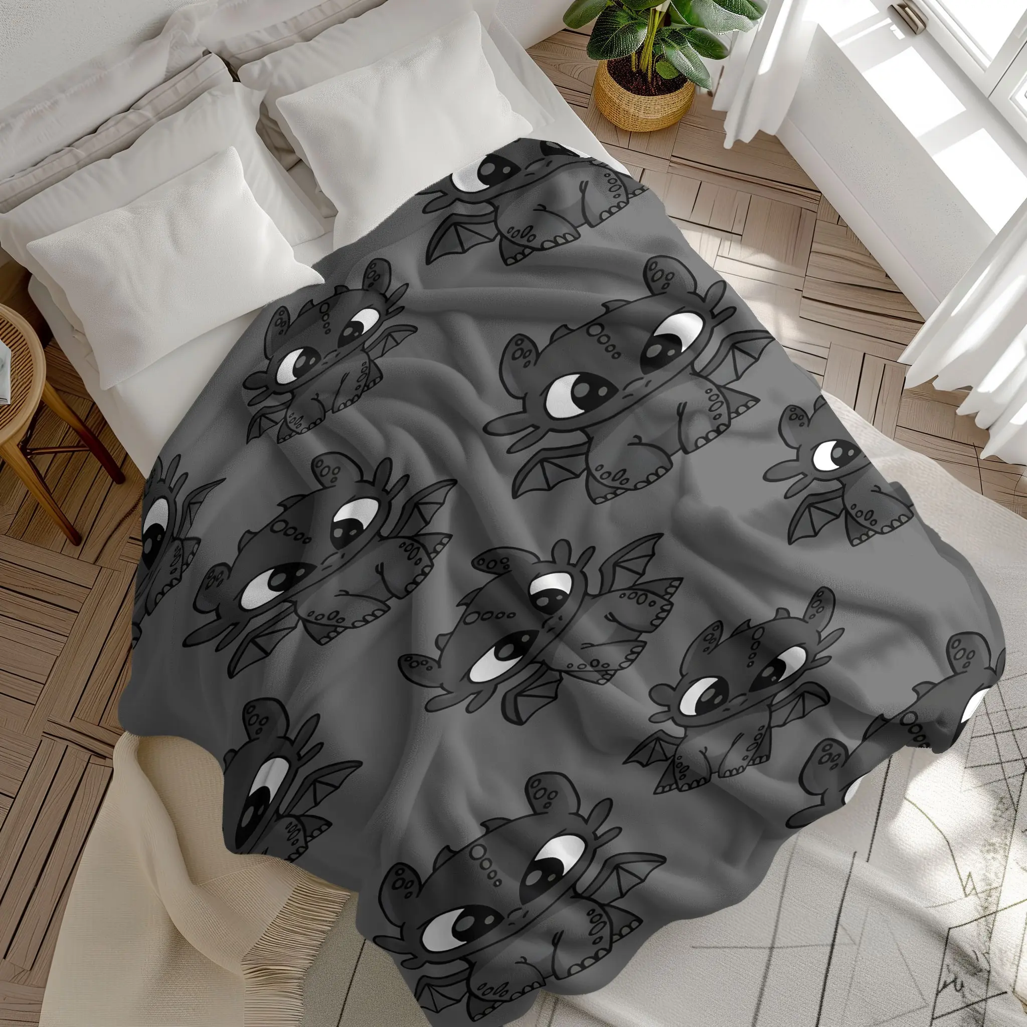 How to Train Your Dragon Toothless Flannel Blanket, Soft Dark Gray Plush Throw Blanket with Cute Night Fury Dragon Pattern Graphic Print, Cozy Dragon Fan Blanket for Sofa Bed Nap Travel Gift, Flannel Throw Blankets