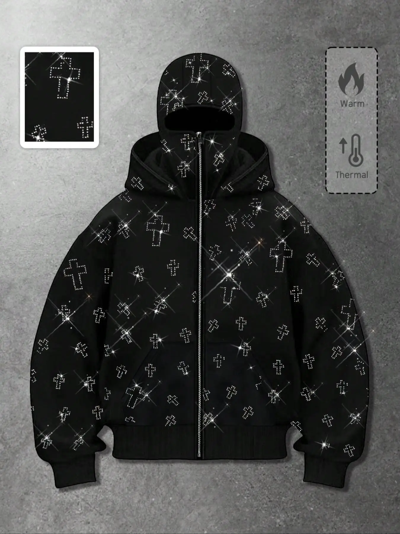 Y2K Dark Street Rhinestone Cross Hooded Sweatshirt, Black Rhinestone Fleece Lined Men's Sweatshirt, Unisex Style, Loose Zip-Up Cardigan, Warm and Thick Men's Sweatshirt, Autumn and Winter Street Casual Jacket, Streetwear