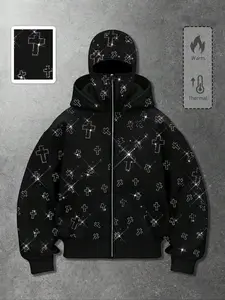Y2K Dark Street Rhinestone Cross Hooded Sweatshirt, Black Rhinestone Fleece Lined Men's Sweatshirt, Unisex Style, Loose Zip-Up Cardigan, Warm and Thick Men's Sweatshirt, Autumn and Winter Street Casual Jacket, Streetwear
