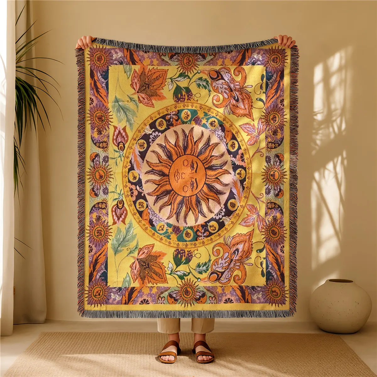 Boho Sun Print Tassel Throw Blanket, Soft Breathable All-Season Cozy Blanket for Air-Conditioned Rooms, Home and Office #GLOBAL PICKS