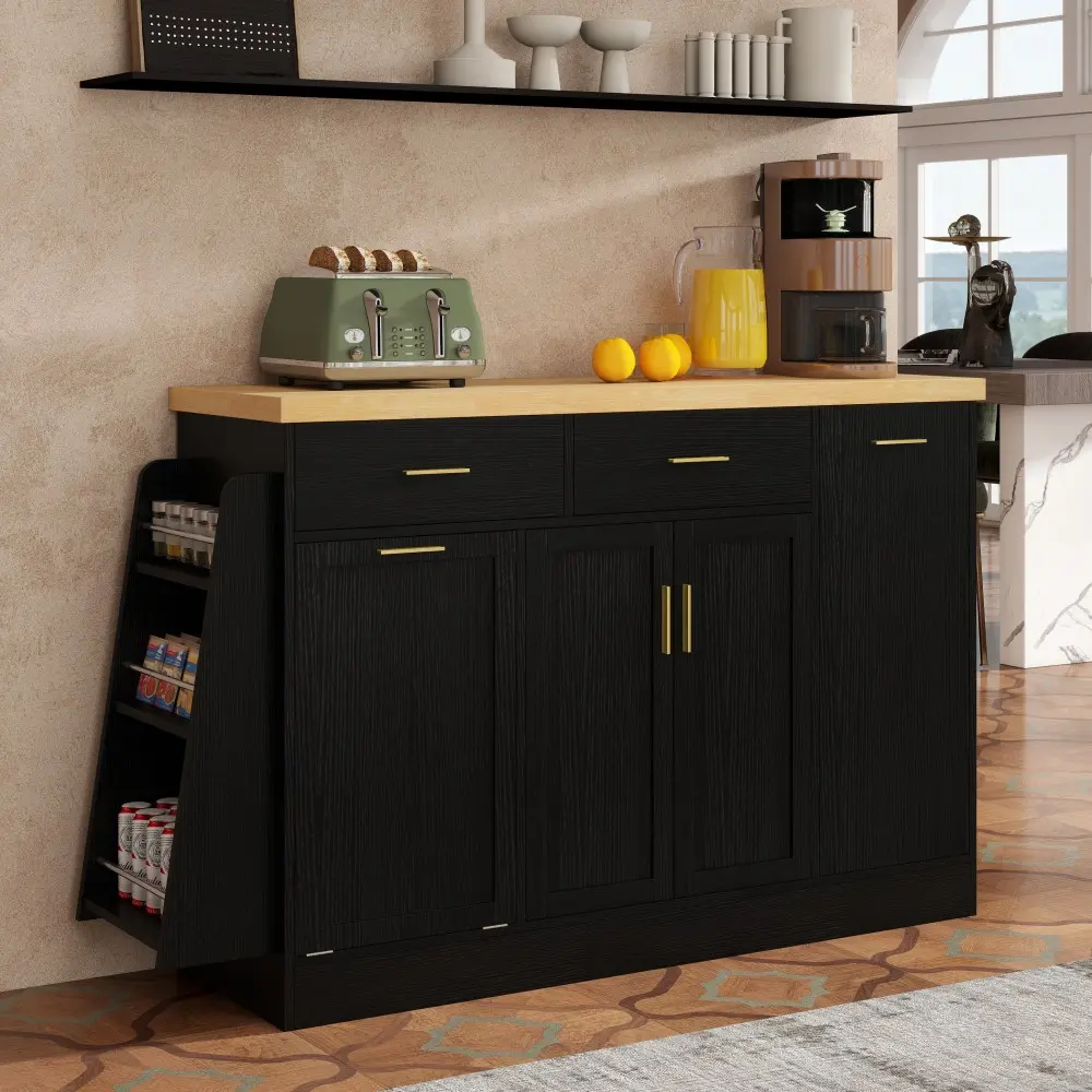TREXM Multi Functional Kitchen Sideboard Cabinet with Trash Can Storage, Sliding Door Storage Cabinet, 3 Tier Spice Rack Organizer, Rolling Kitchen Island Table, Buffet Cabinet, Coffee Bar Cabinet for Kitchen Dining Room, Modern Black Storage Furniture