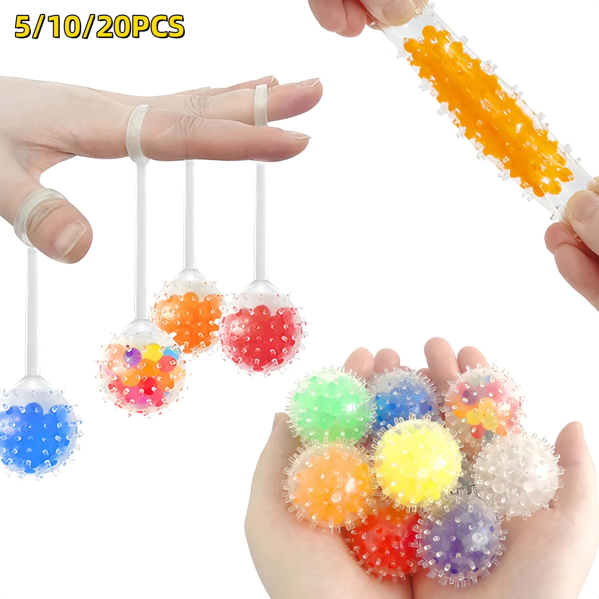 5/10/20 Pack Mixed Color Spiky Water Bead Stress Balls Set with String Finger Ring Yoyo, 1.38 Inch Squeeze Squishy Fidget Toy, Anti-Anxiety Sensory Relief Toys for Kids Adults, Party Favors Goodie Bag Fillers Classroom Prize Gifts