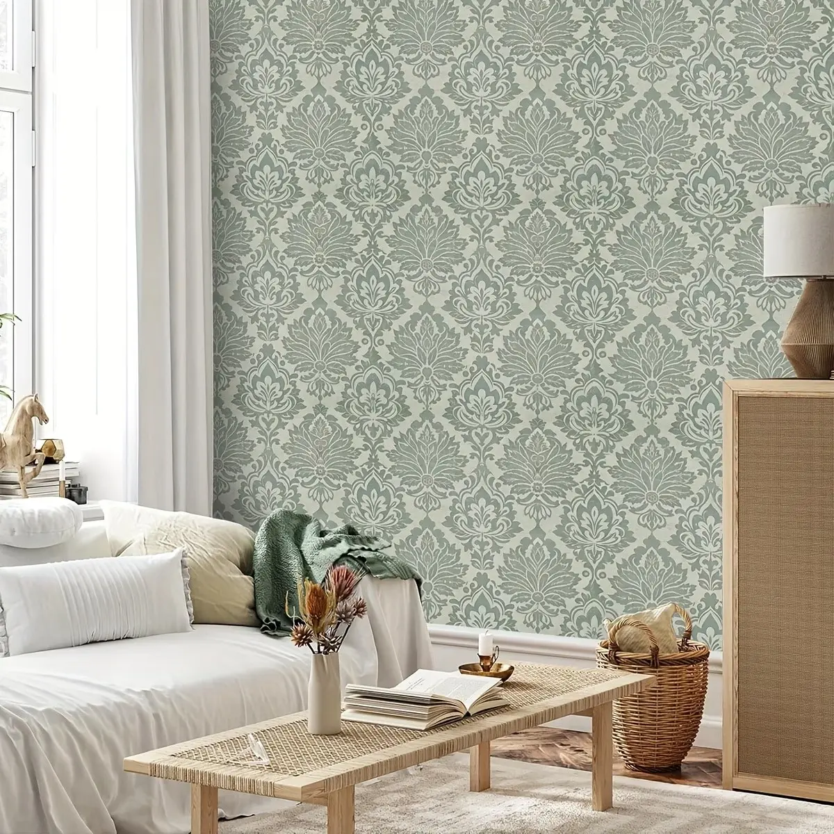 1pc Light Sage Damask Peel and Stick Wallpaper, Vintage Floral Wall Mural, Mould-Proof, for Living Room, Bathroom, Bedroom Decor
