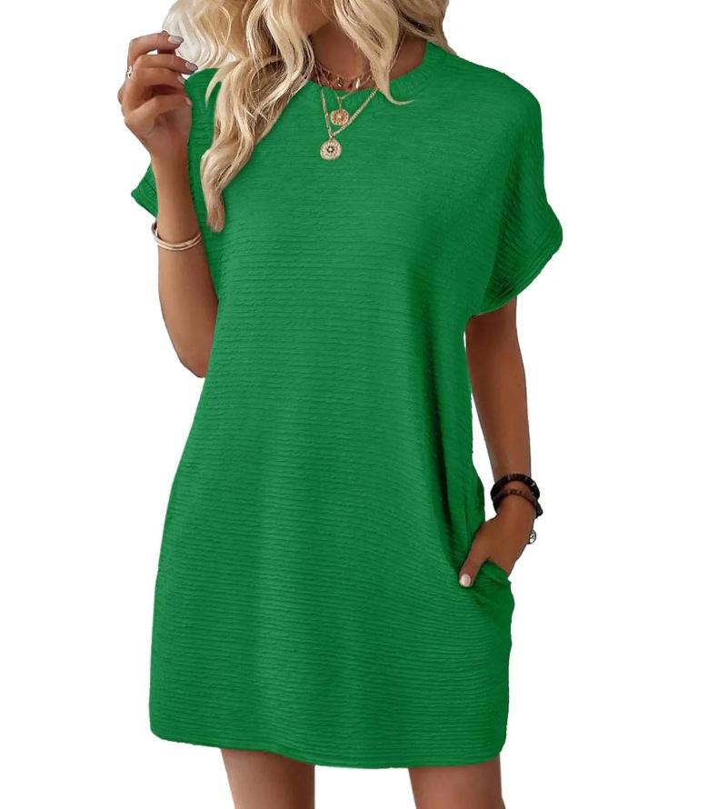 2026 Summer New Loose Crew Neck Pocket Solid Color Short Sleeve Dress for Women Casual Daily Wear Mini Dress