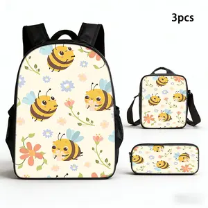 3pcs Backpack Set with Bee Print - Lightweight Suitable for Daily Outing, Adjustable Straps & Zipper Closure, Backpack, Crossbody Bag & Pencil Case, Lunchbox Carrier for, Commuting, Book Bag