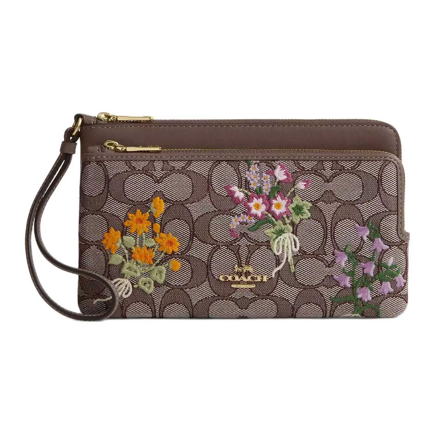 COACH Wristlet 20 Small Leather Handbag for Women – Signature Jacquard, Double-Zip, Gold and Oak-Tone