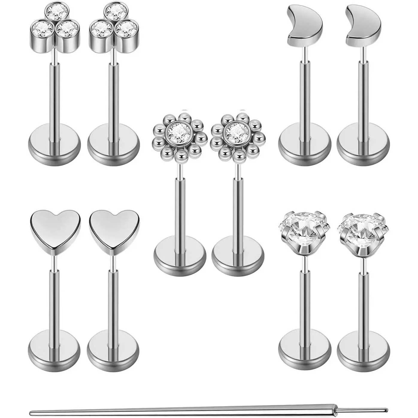 10 count 20G/18G/16G Threadless Push-in Tragus Conch Cartilage Flat  Helix Labret Monroe Lip Ring Daith