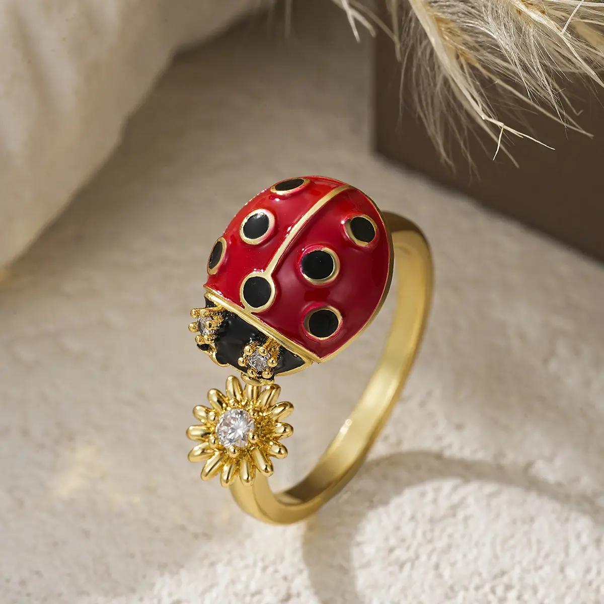 Adjustable Ladybug Ring, Ladybug with Sunflower , Cute Stress Relief Anxiety Fidget Ring, Open Ring, Japanese Style Insect Jewelry Gift